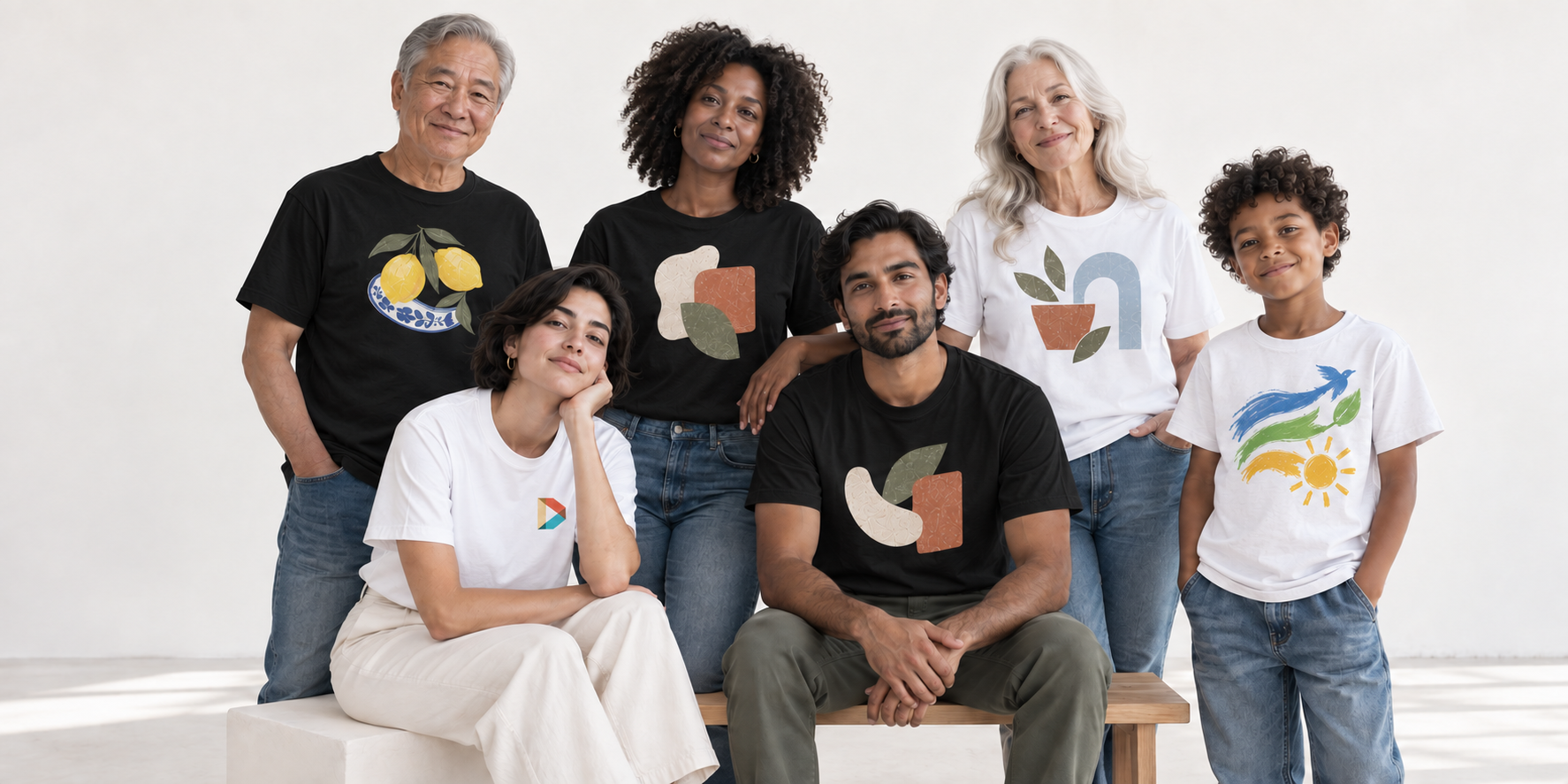 Six people of different ages wearing Designful apparel with their own colourful prints.