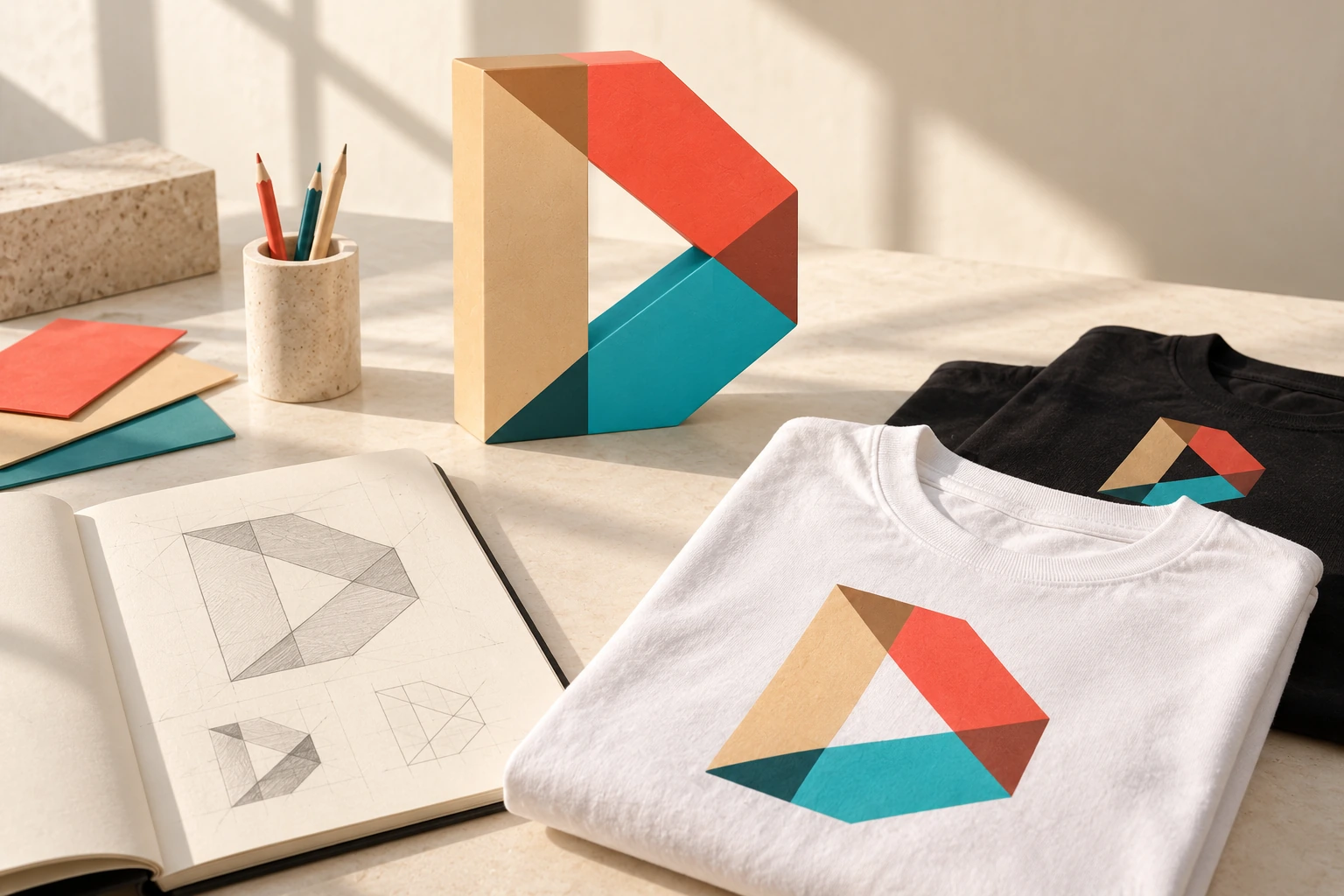Designful logo sculpture, geometric sketches and matching prints on black and white T-shirts in a sunlit creative studio