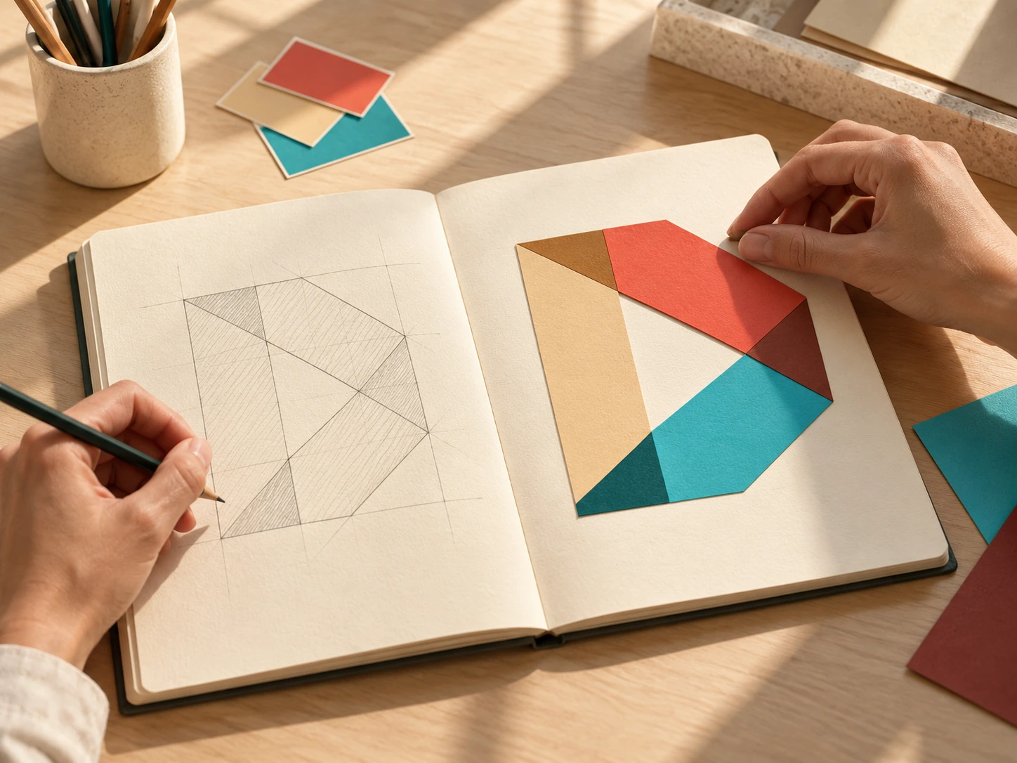 Hands developing the Designful logo from pencil construction lines and beige, coral and teal paper shapes