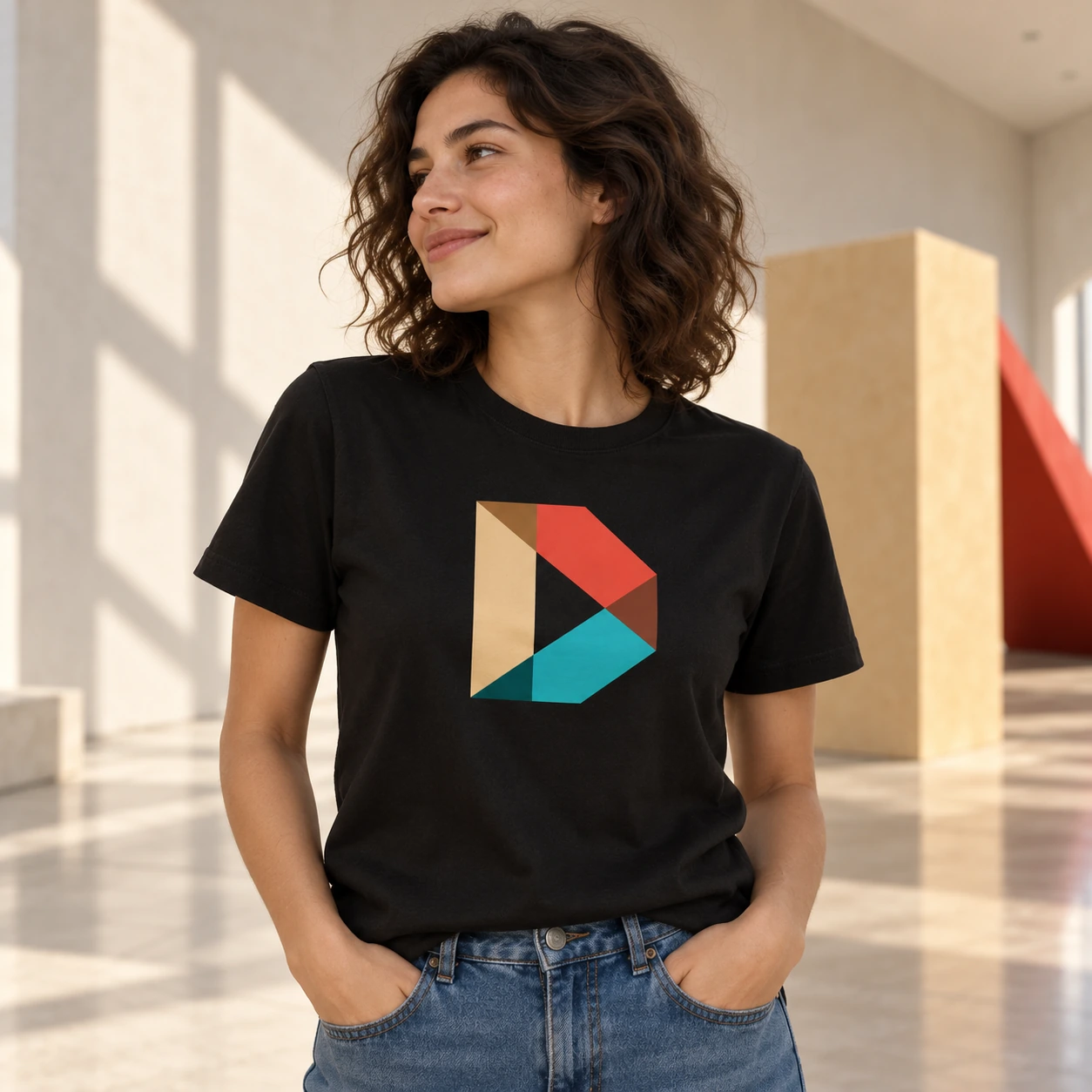 A woman wearing a black cotton T-shirt printed with the Designful logo in a sunlit gallery