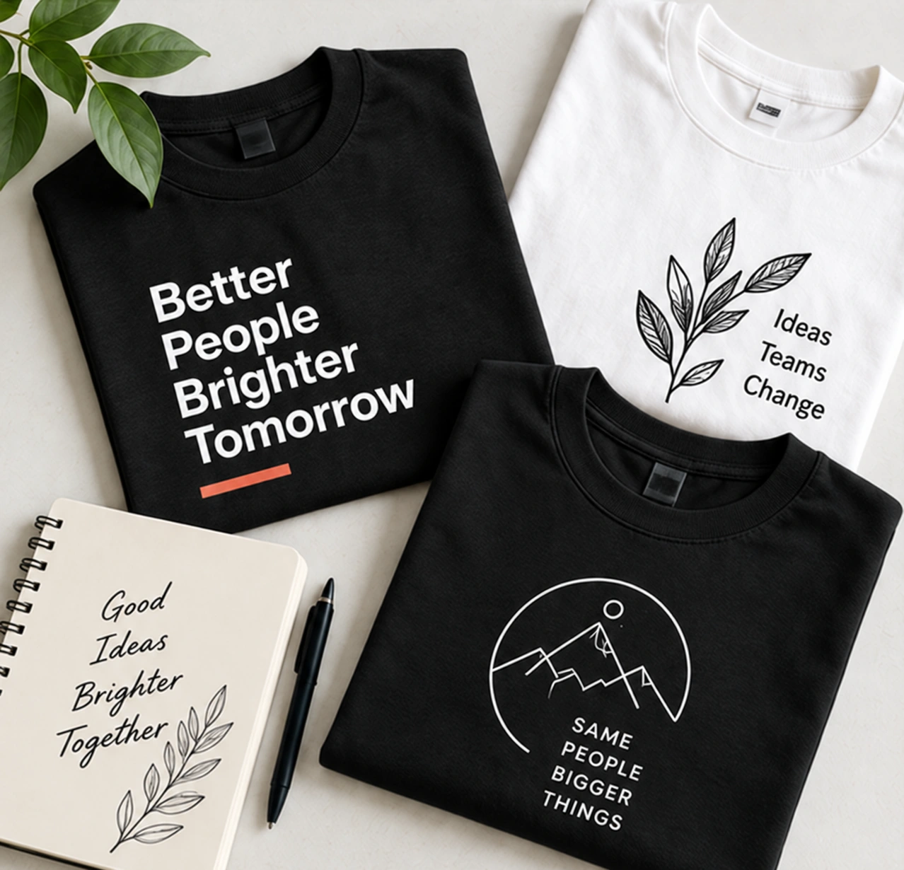 Black and white custom T-shirts with botanical, typography and mountain prints
