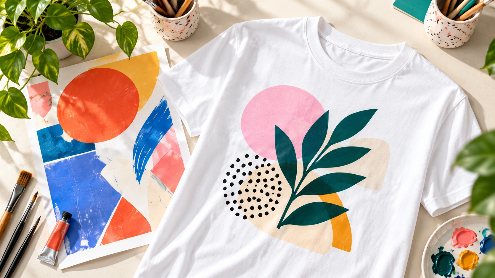 White T-shirt with colourful artwork on a creative worktable