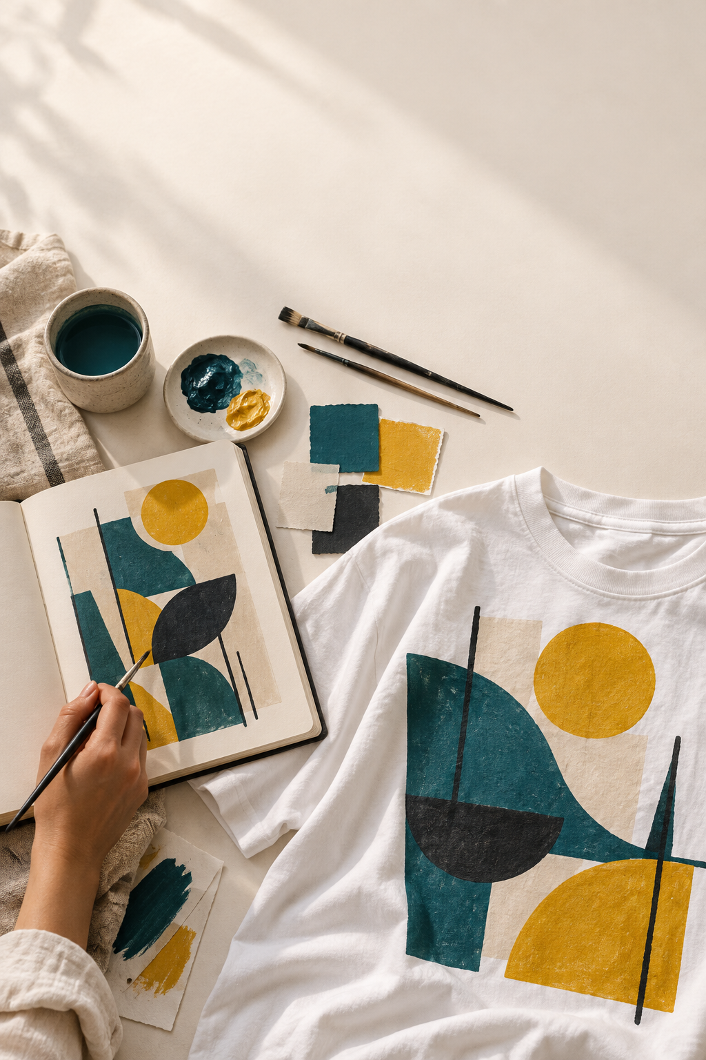 An original painted design beside its matching printed T-shirt
