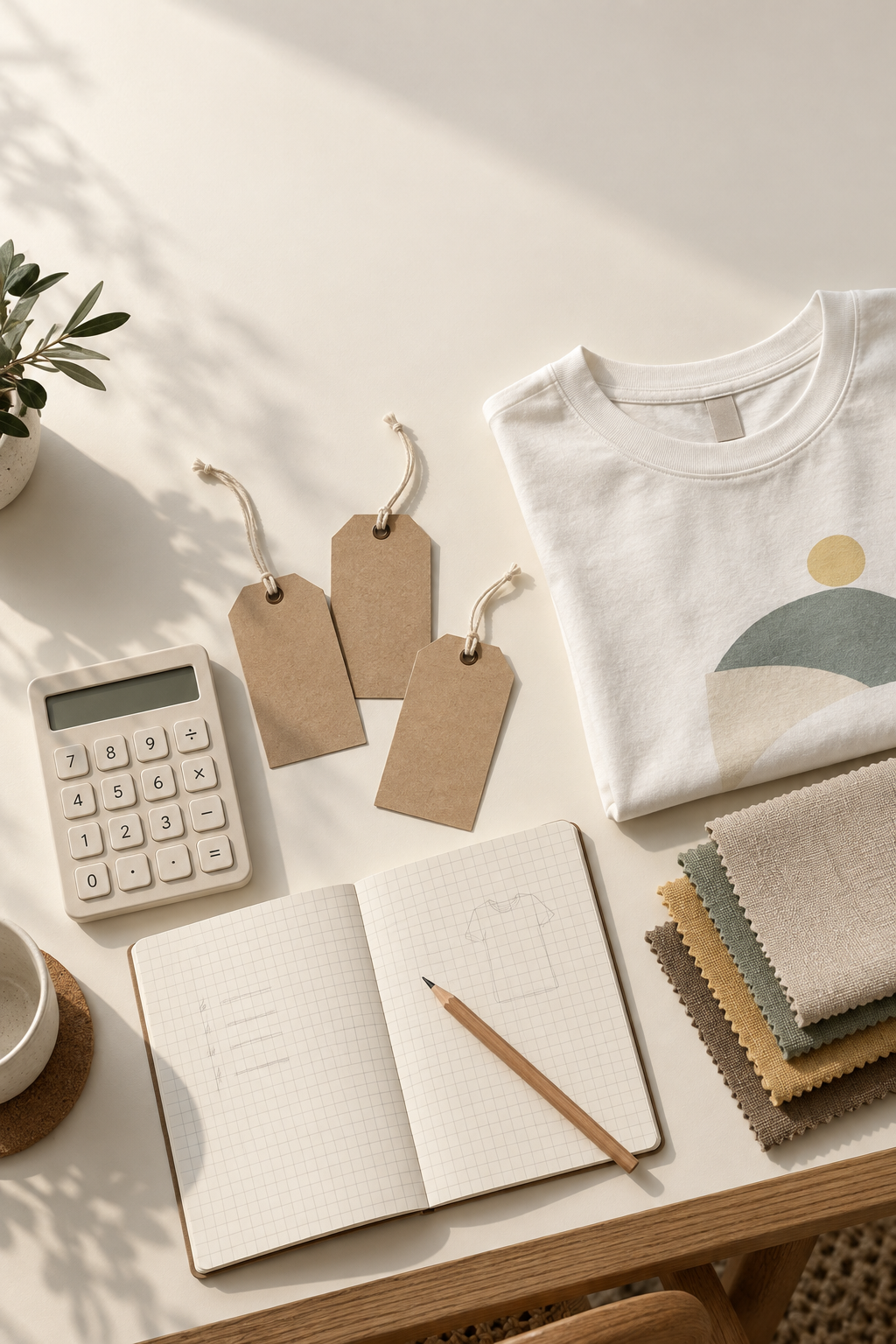 Calculator, blank hang tags and garment samples arranged for pricing planning