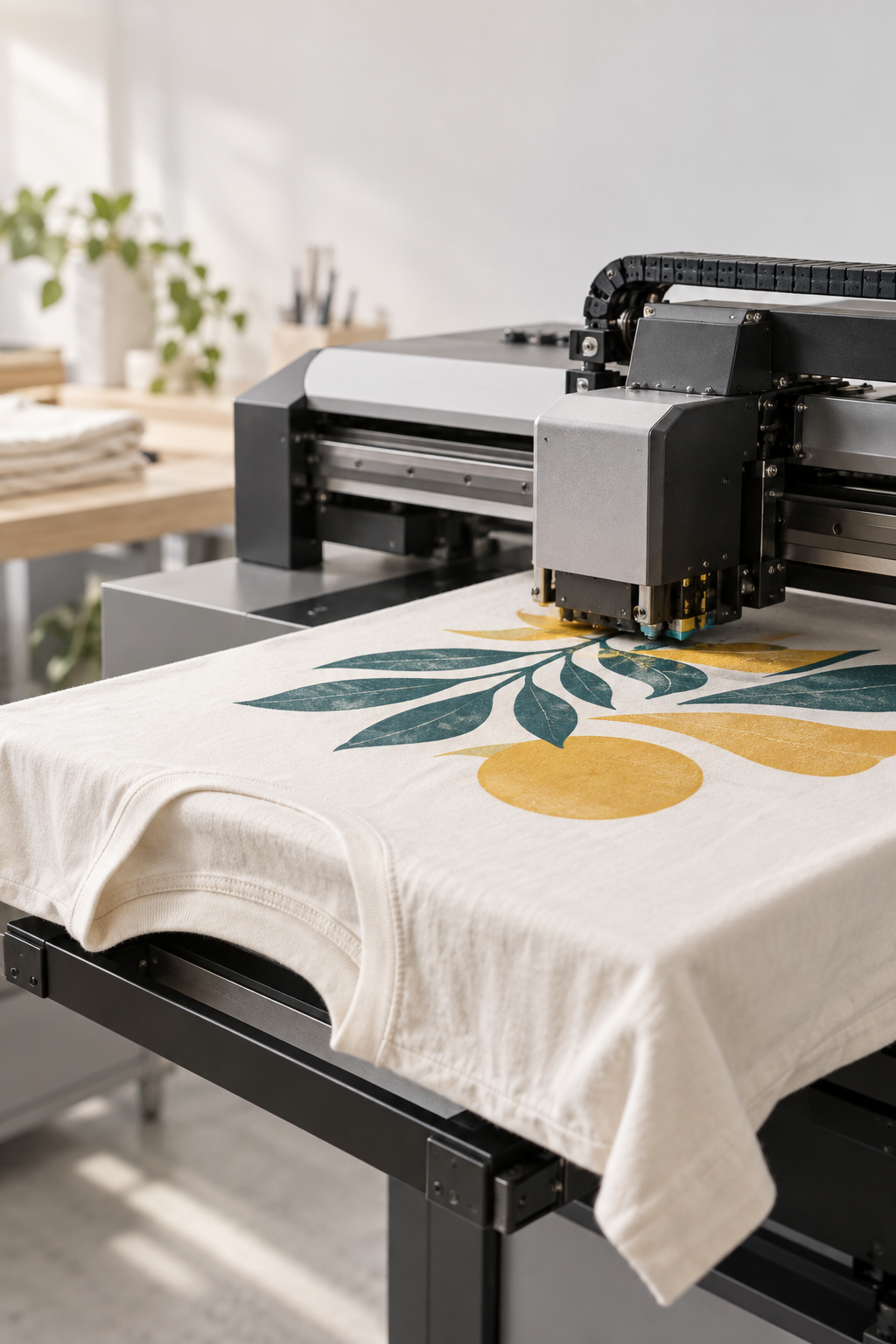 A garment printer applying a teal and yellow design to a white T-shirt