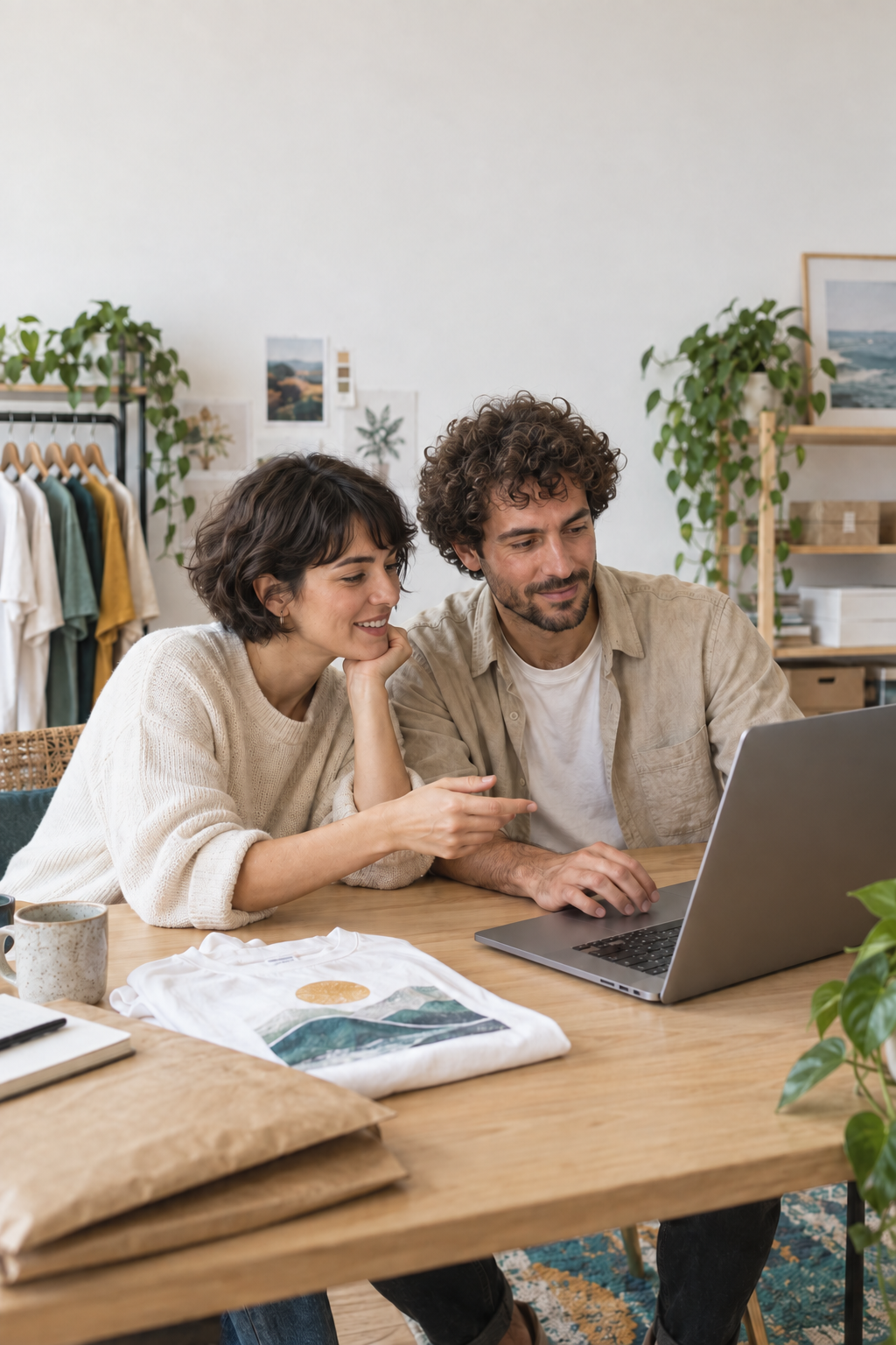 Two apparel creators working together on a laptop